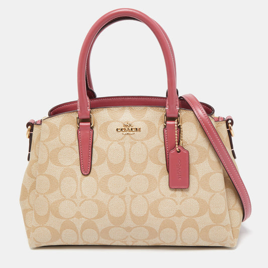 COACH Beige/Pink Signature Coated Canvas and Leather Mini Sage Carryall Satchel