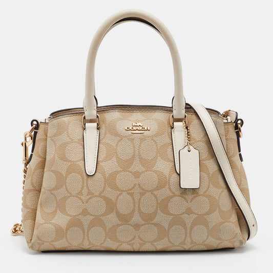 COACH Beige Signature Coated Canvas and Leather Mini Sage Carryall Satchel