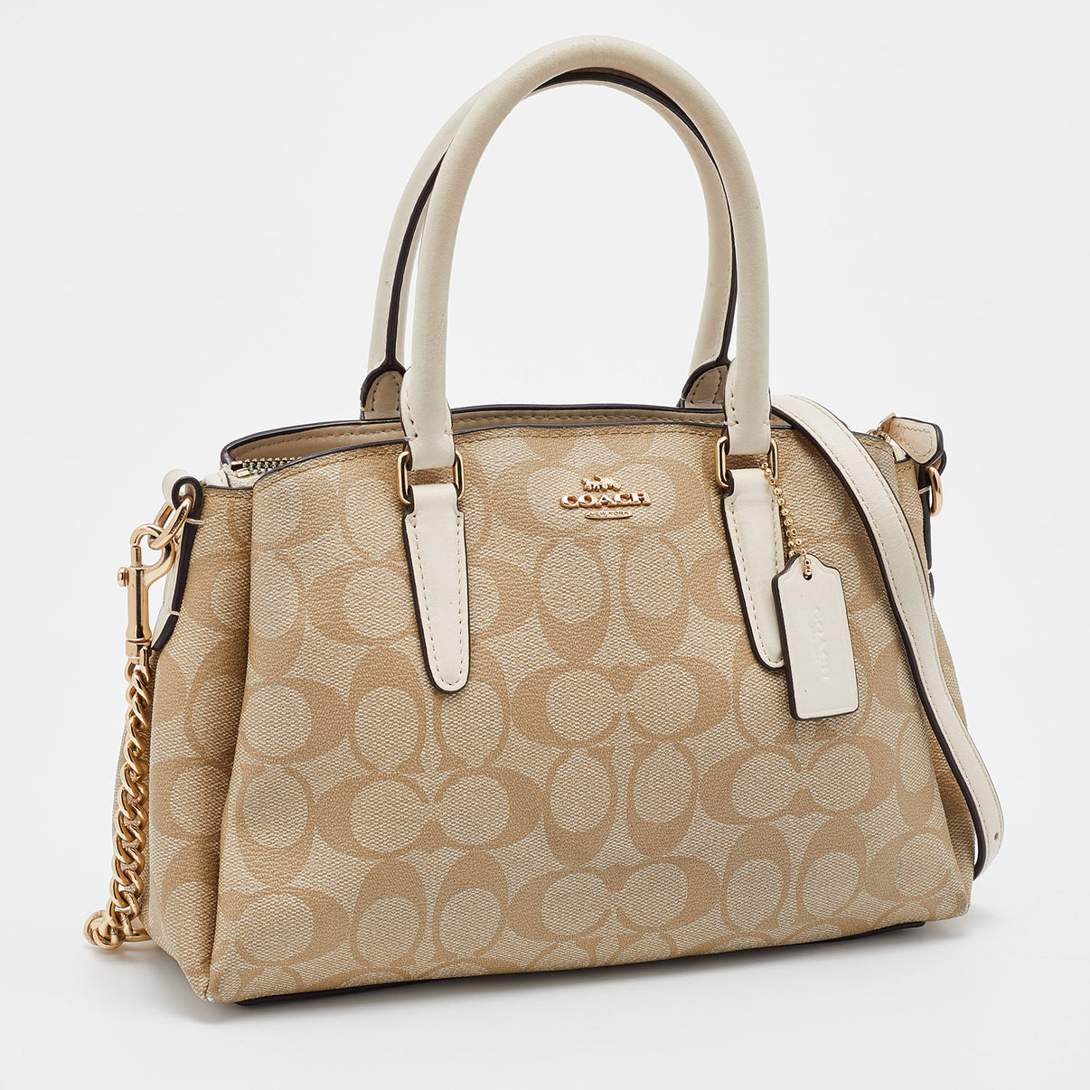 COACH Beige Signature Coated Canvas and Leather Mini Sage Carryall Satchel